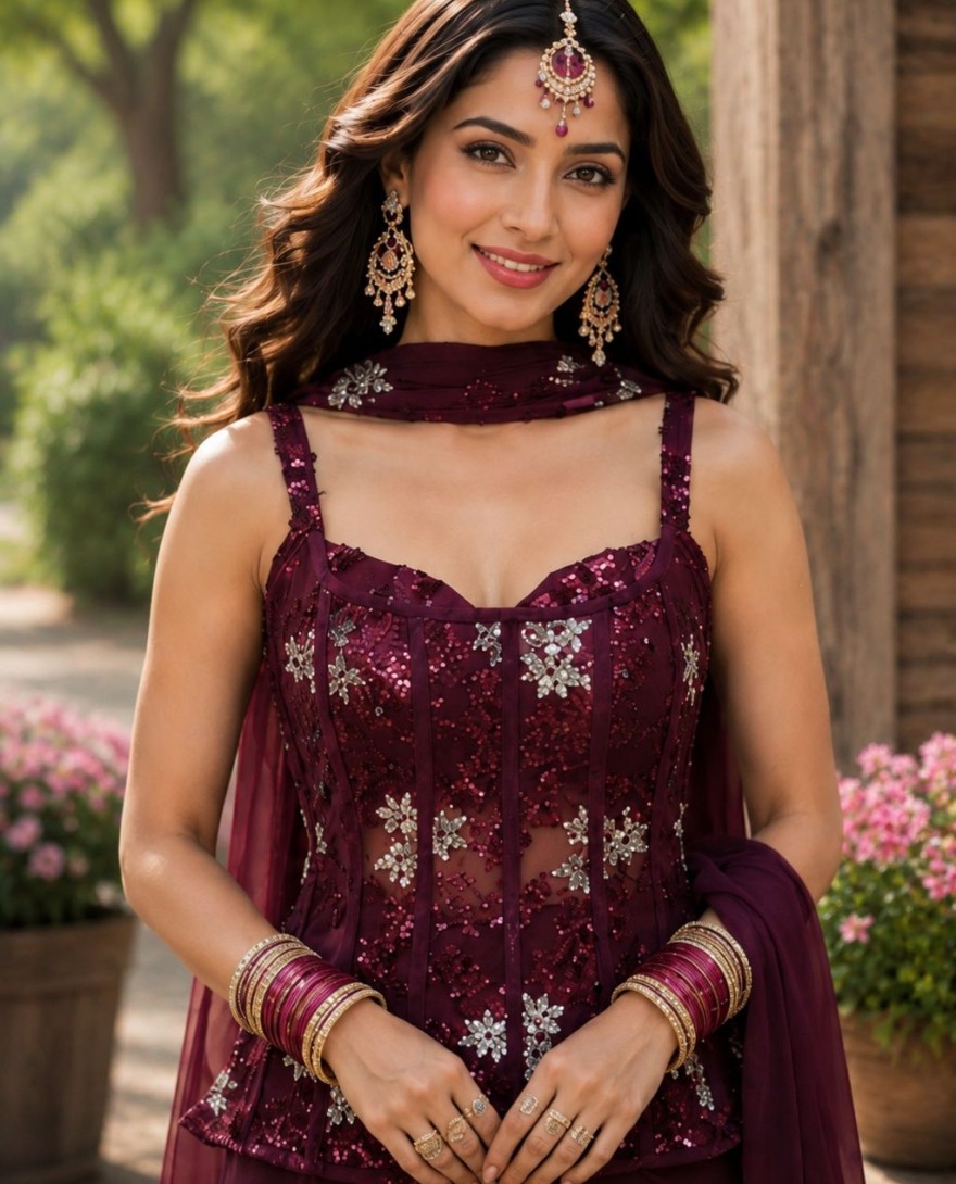 66817 - Lycra Embroidered Indo-Western in Wine Colour